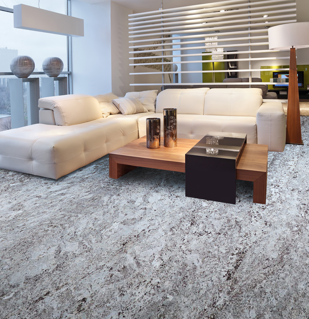 Modern kitchen with vibrant white and gold marble island