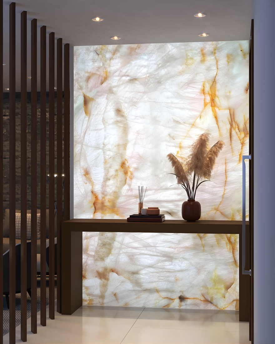 Living room with a massive deep emerald green granite feature wall