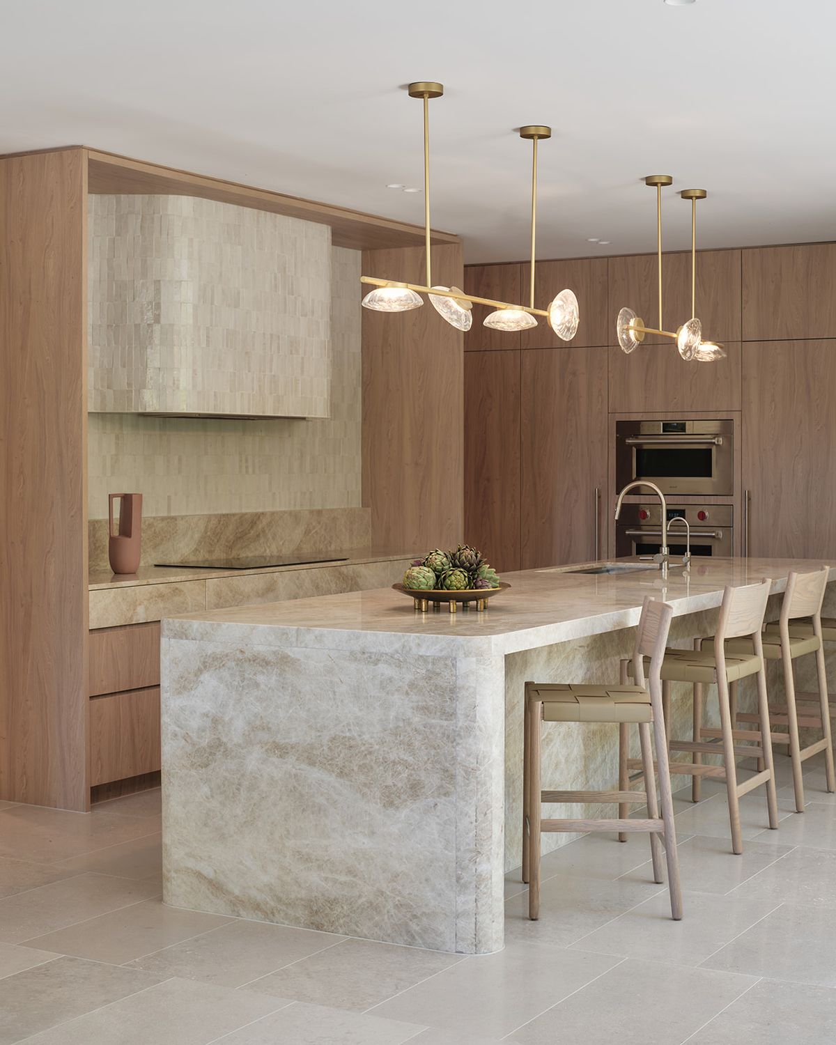 Elegant dining room with rich violet and gold marble tabletop