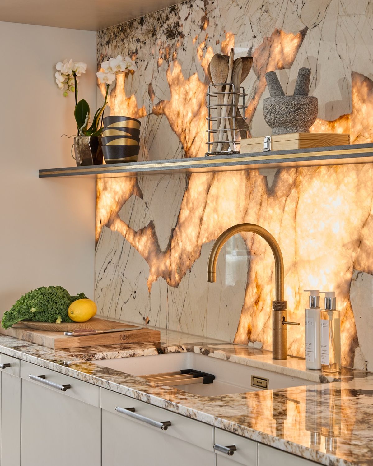 Architectural stone installation with warm lighting