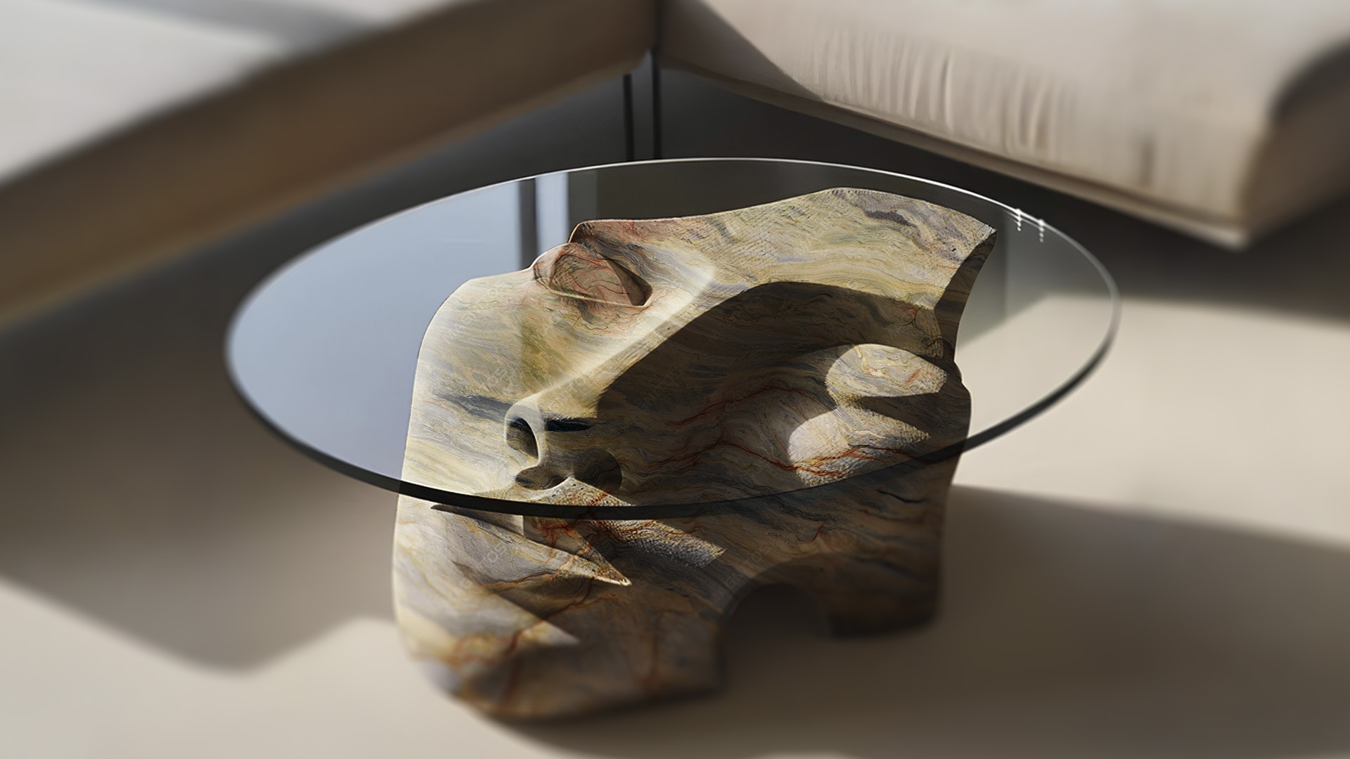 Monolithic stone piece in grand living room